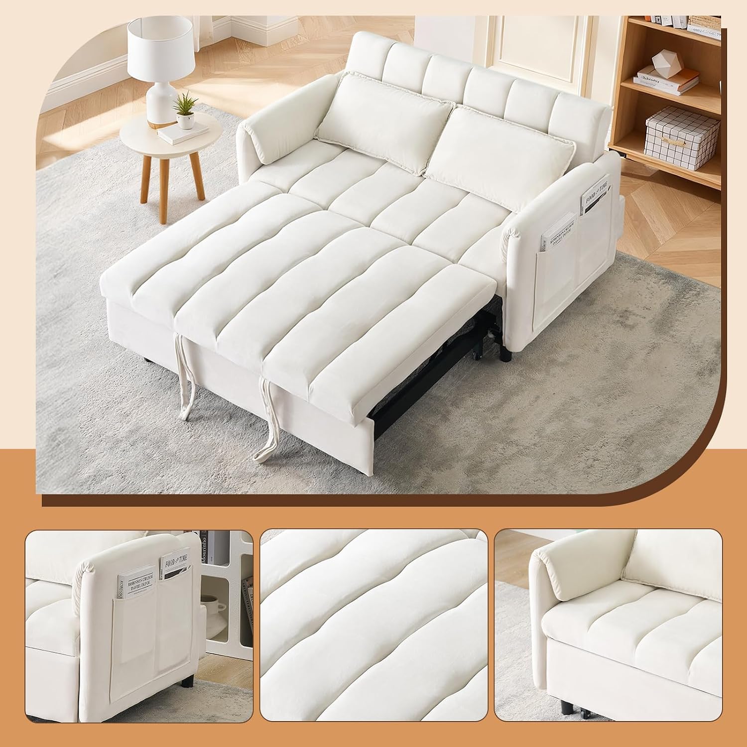 CAPCAEK 3 in 1 Convertible Sleeper Sofa Bed, Modern Velvet Loveseat Pull-Out Couch w/Pullout Bed, Small Love Seat Lounge Sofa w/Reclining Backrest,Toss Pillows, Pockets, for Living Room