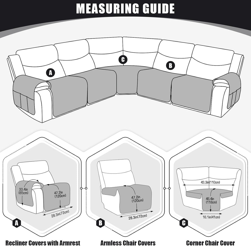 KinCam Waterproof Recliner Sectional Couch Covers, Oversized Reclining Sofa Covers for L Shape Couch, Non Slip Couch Cover for Sofa Washable Slipcover (5 Seat Recliner Cover, Black)