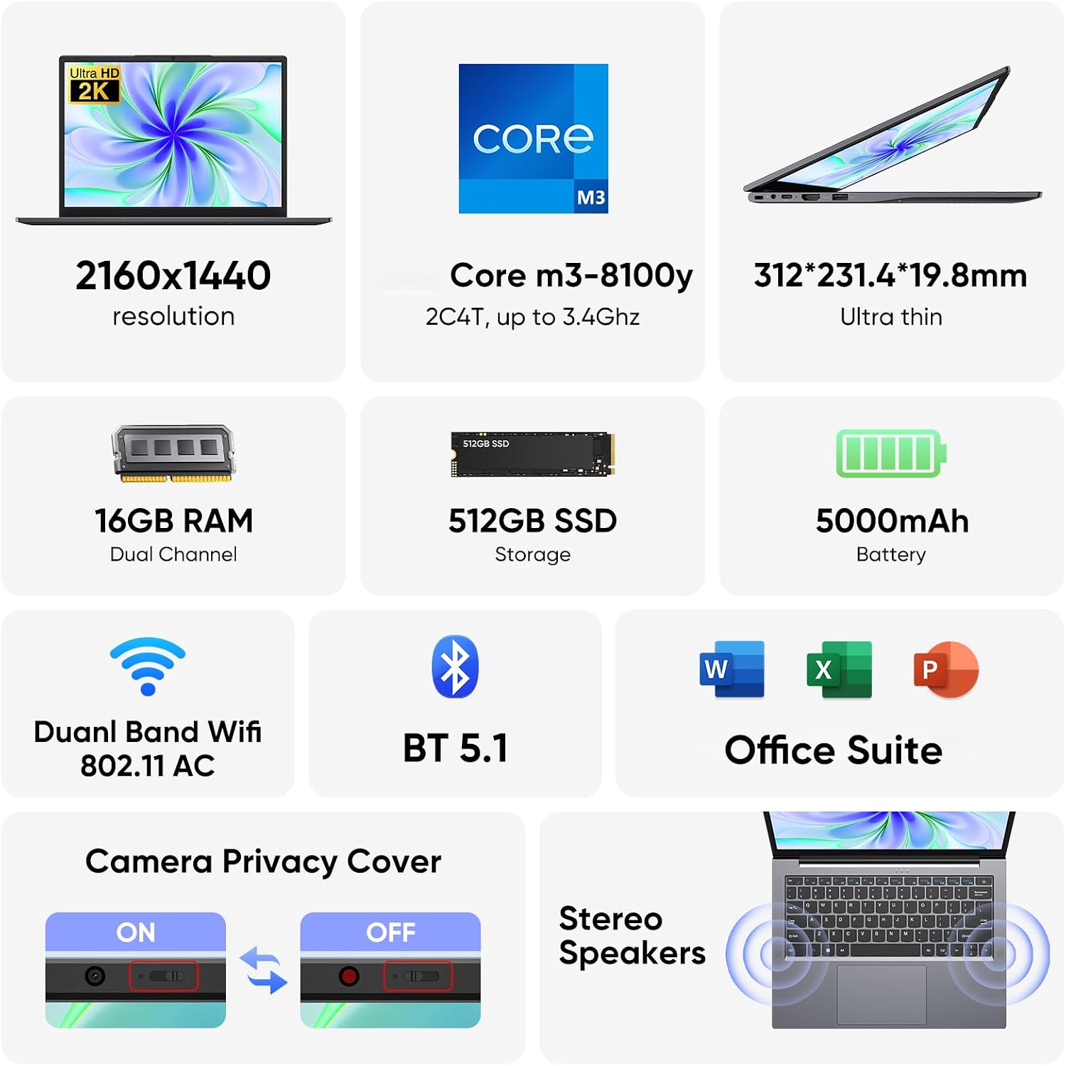AE86 14.1' Laptop with 2K Screen, 16GB RAM, 512GB SSD, Core Processor, BT5.0 Wi-Fi 5, USB A, Type-C, HDMl, Ultra-Thin and Light Notebook for Business Students