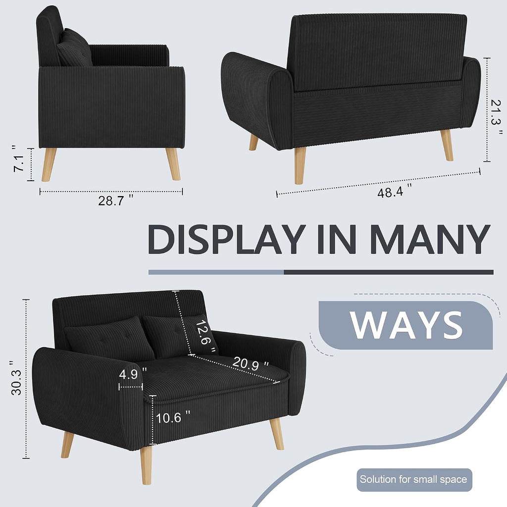 Shintenchi 48'' Loveseat Sofa, Mid-Century Modern Upholstered Couch Deep Seat with 2 Pillows, 10' Thick Cushion with Spring, Solid Wood Frame Small Couch for Living Room, Dorms & Office, Black
