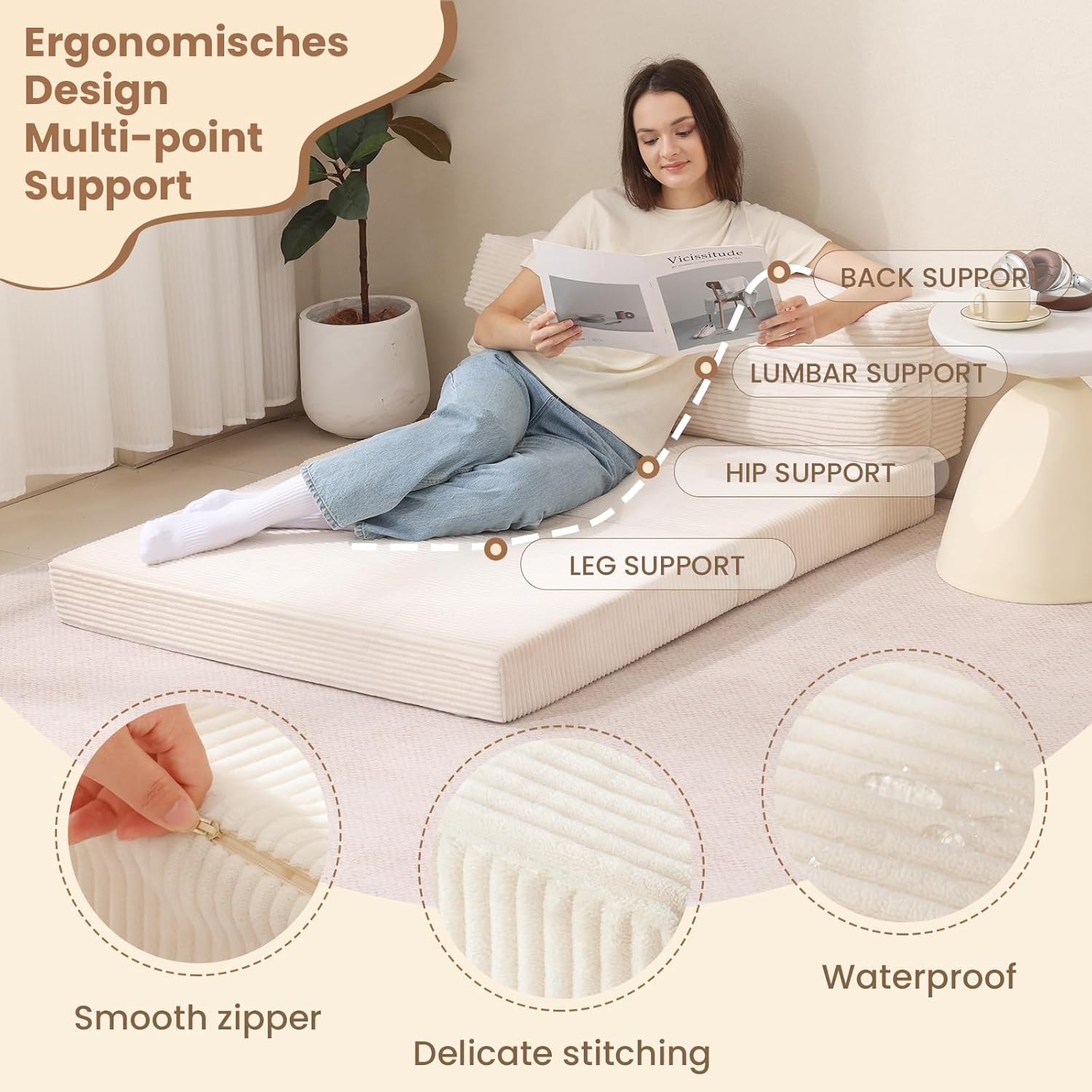 JUIKURY Folding Sofa Bed, Convertible Sleeper Chair with Pilow Foldable Matress, 2 in 1 Pull Out Loveseat Sofa Portable Fold Out Chair Bed Floor Couch Lounge for Living Room (Beige, Queen-61Inch)