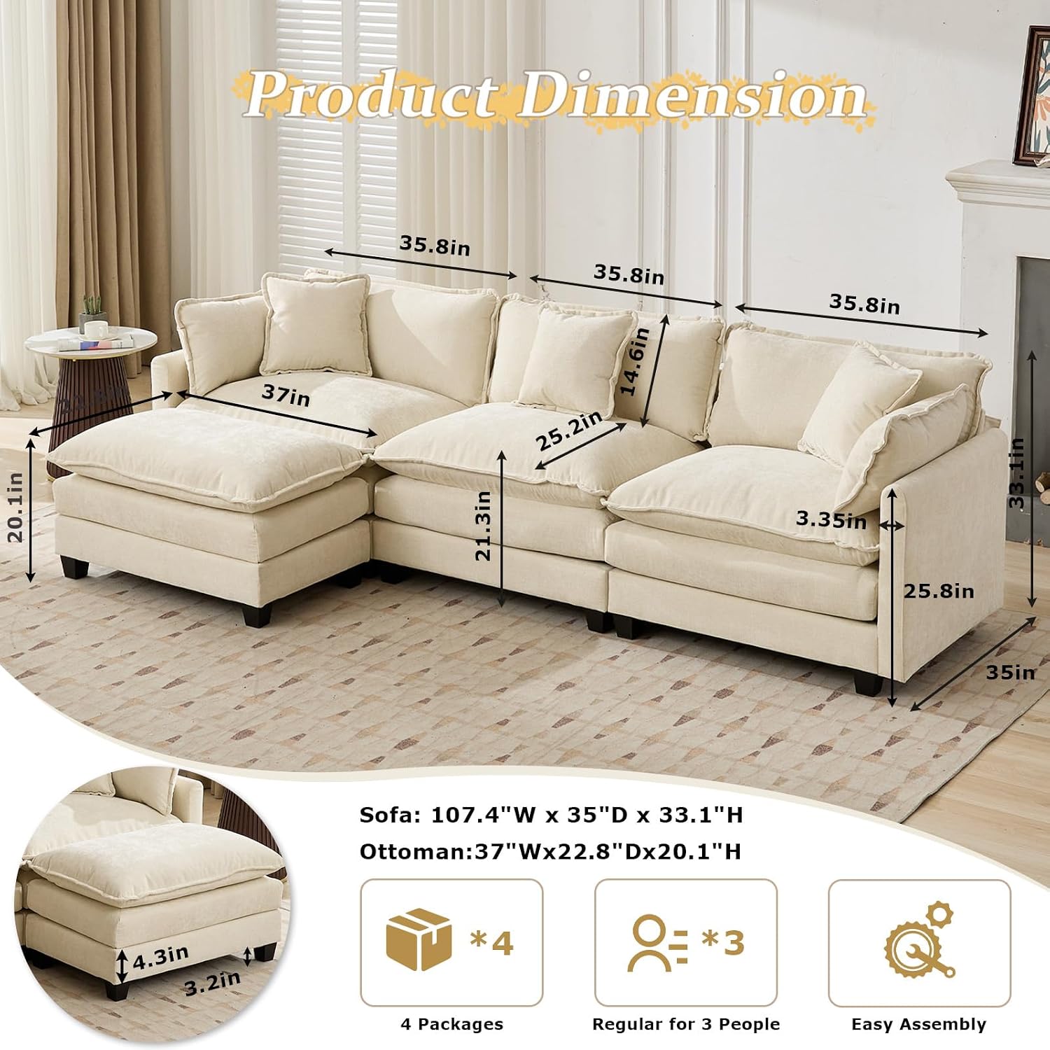 SoarFlash Chenille Sectional Sofa Ottoman,Beige