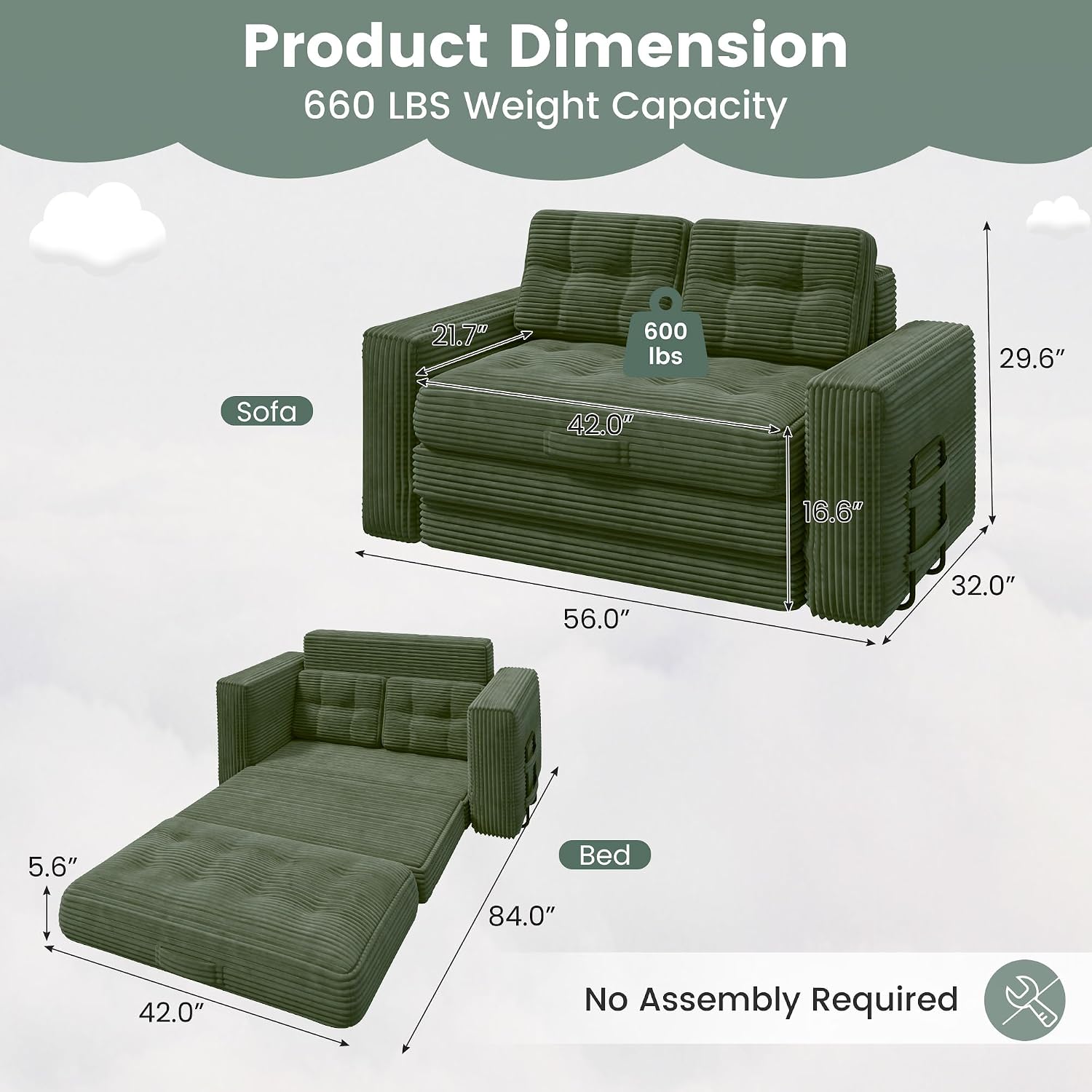 Convertible Sofa Bed, 2 in 1 Boneless Couch Bed with 2 Pillows, Corduroy Pull out Couch Folding Sofa Bed with Deep Seat, Small Loveseat Sleeper Sofa Bed in a Box for Small Spaces, No Assembly, Green