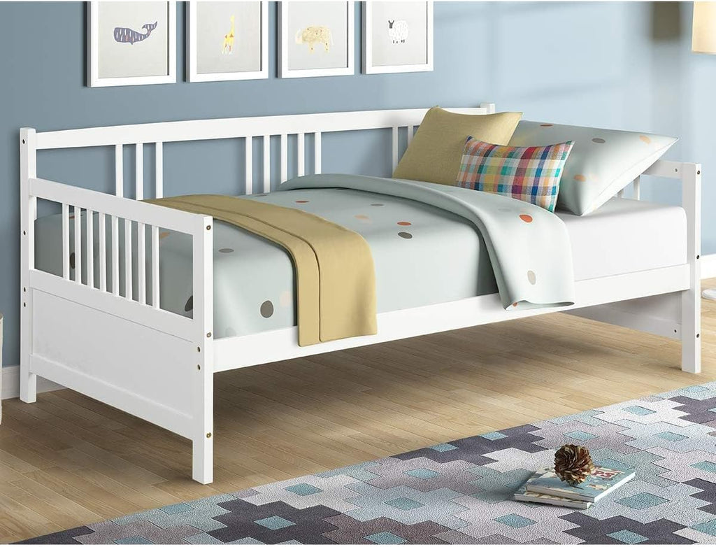 Giantex Twin Daybed Frame, Wooden Sofa Bed Guest Bed with Rails & Wood Slat Support, Dual-use Twin Size Platform Bed Frame for Living Room Bedroom, No Box Spring Needed, White