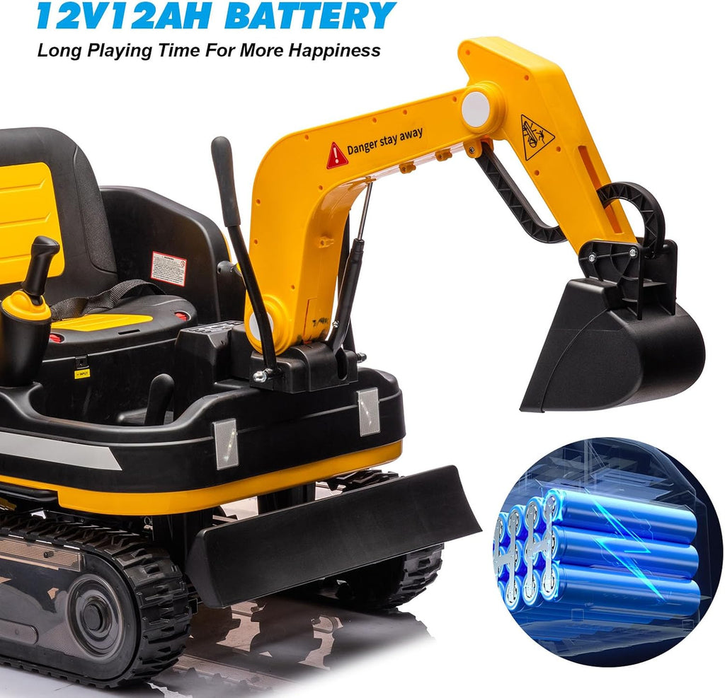 JOYLDIAS 360 Degree Rotating Ride On Excavator and Bulldozer,12V12AH Battery Powered Ride On Toy Backhoe W/Track Design Wheels for All Terrain,Remote Control,MP3,Toolbox for Kids,Parent,Yellow