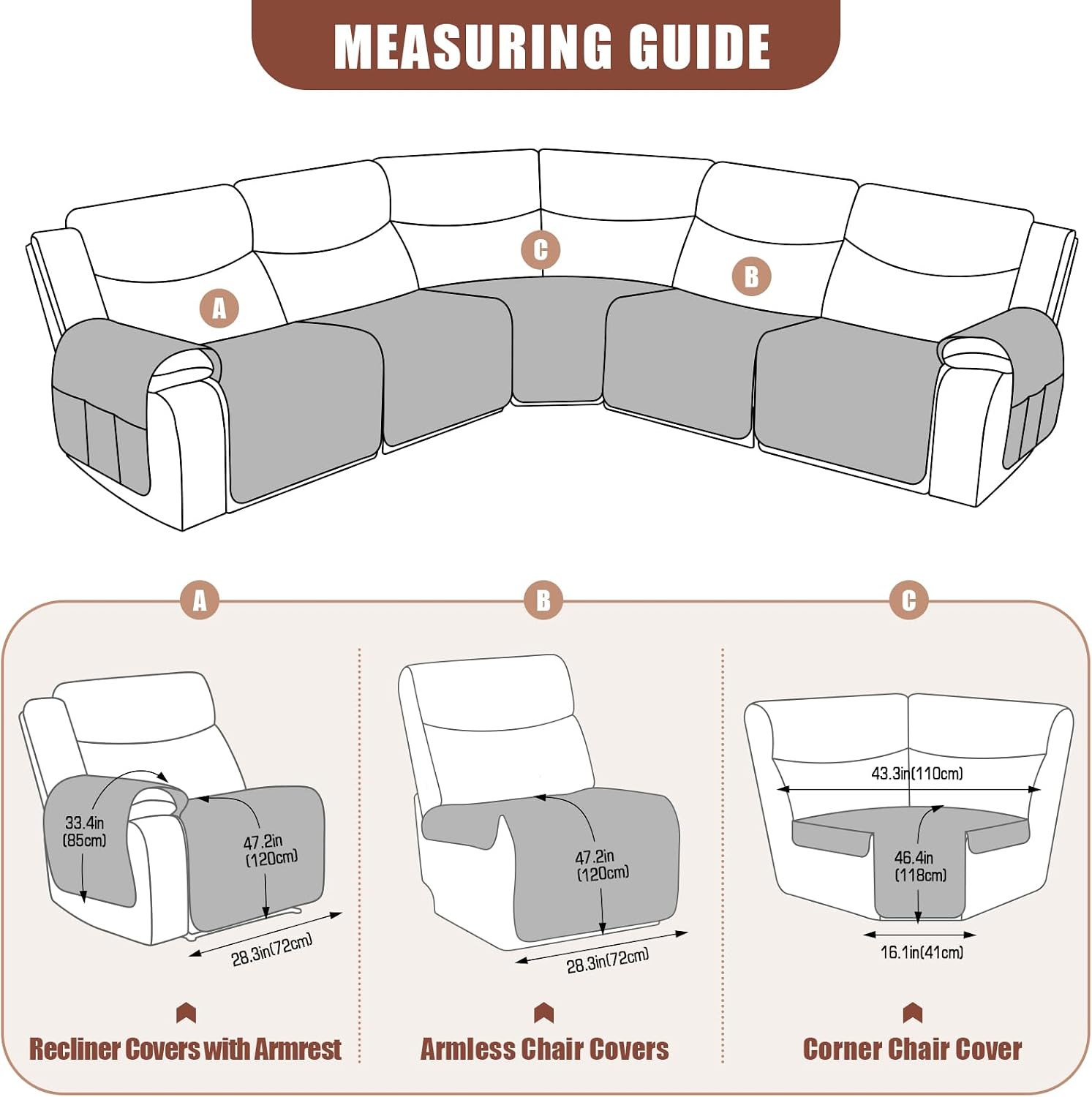 VANSOFY Extra Large Reclining Sectional Couch Covers, Waterproof 5-Piece Sofa Covers for L Shape Sectional Sofa Corner Seater Washable Slipcover for Pets, Dogs(5 Seat Recliner Cover, Black)