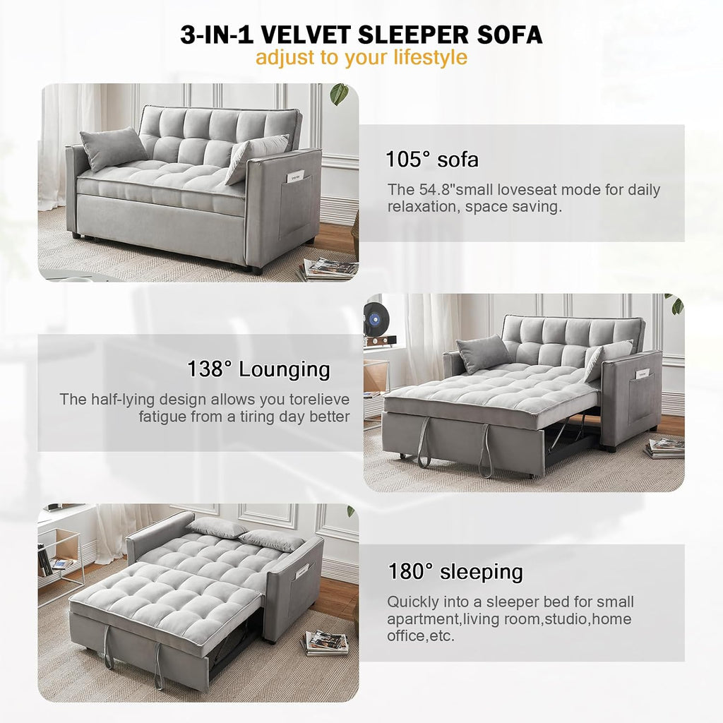 ECHINGLE Futon Sofa Bed, 3 in 1 Sleeper Sofa Couch Bed with Armrests, Storage Pockets and 2 Pillows, Adjustable Backrest, Sofa Bed Couch for Living Room, Bedroom, Office,Reading Room(Grey)