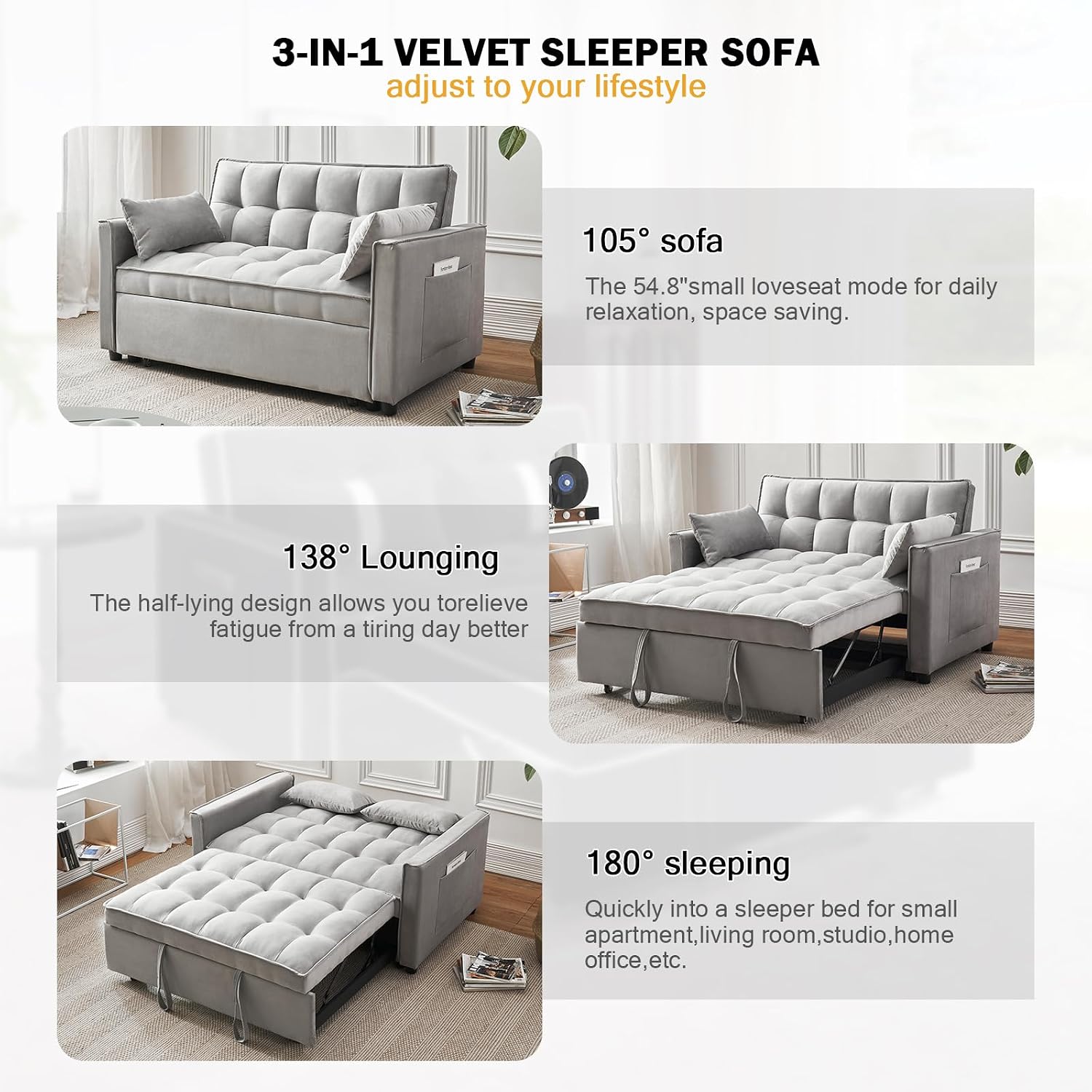 ECHINGLE Futon Sofa Bed, 3 in 1 Sleeper Sofa Couch Bed with Armrests, Storage Pockets and 2 Pillows, Adjustable Backrest, Sofa Bed Couch for Living Room, Bedroom, Office,Reading Room(Grey)