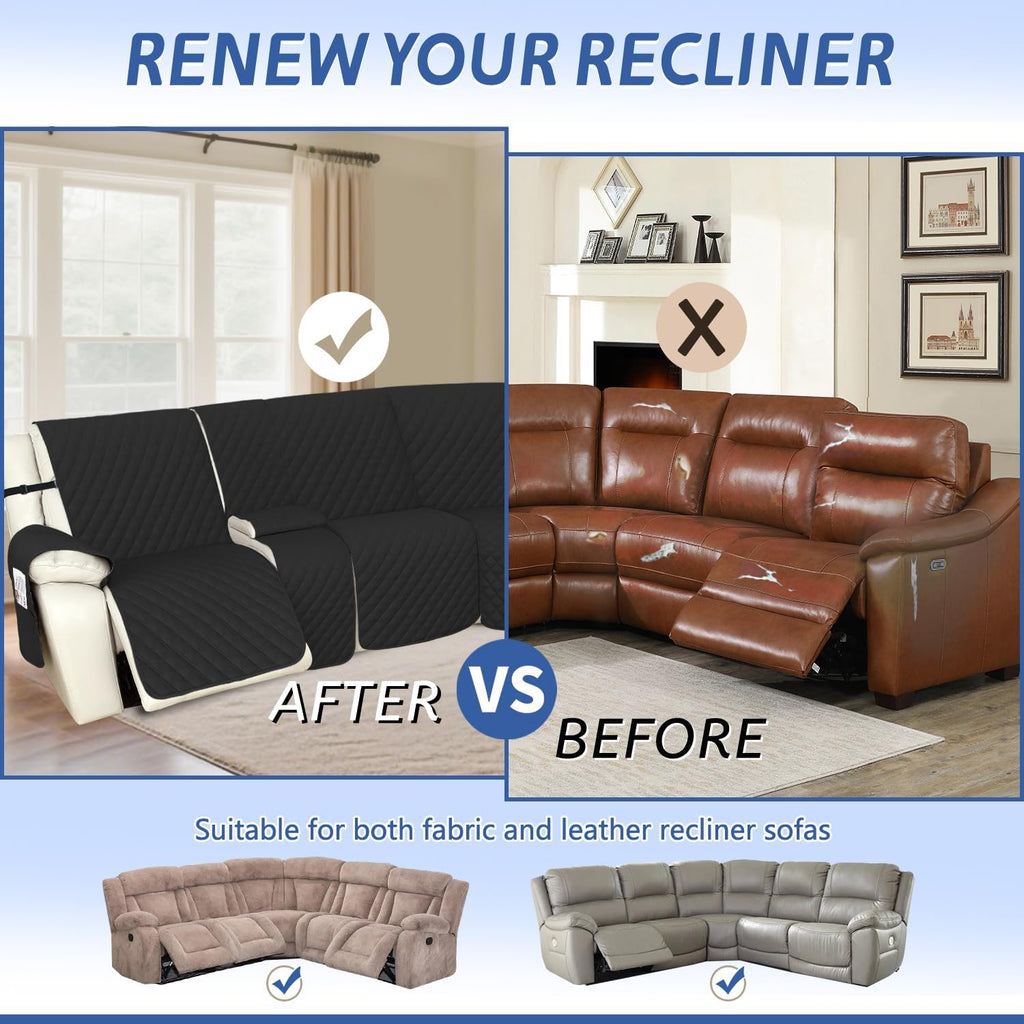 Arfntevss Recliner Sectional Couch Covers 1OO% Waterproof L Shape Sofa Cover for Reclining L Shaped Sectional Slipcover Dog Washable Corner Non Slip Protector (5 Seater with 1 Console, Black)
