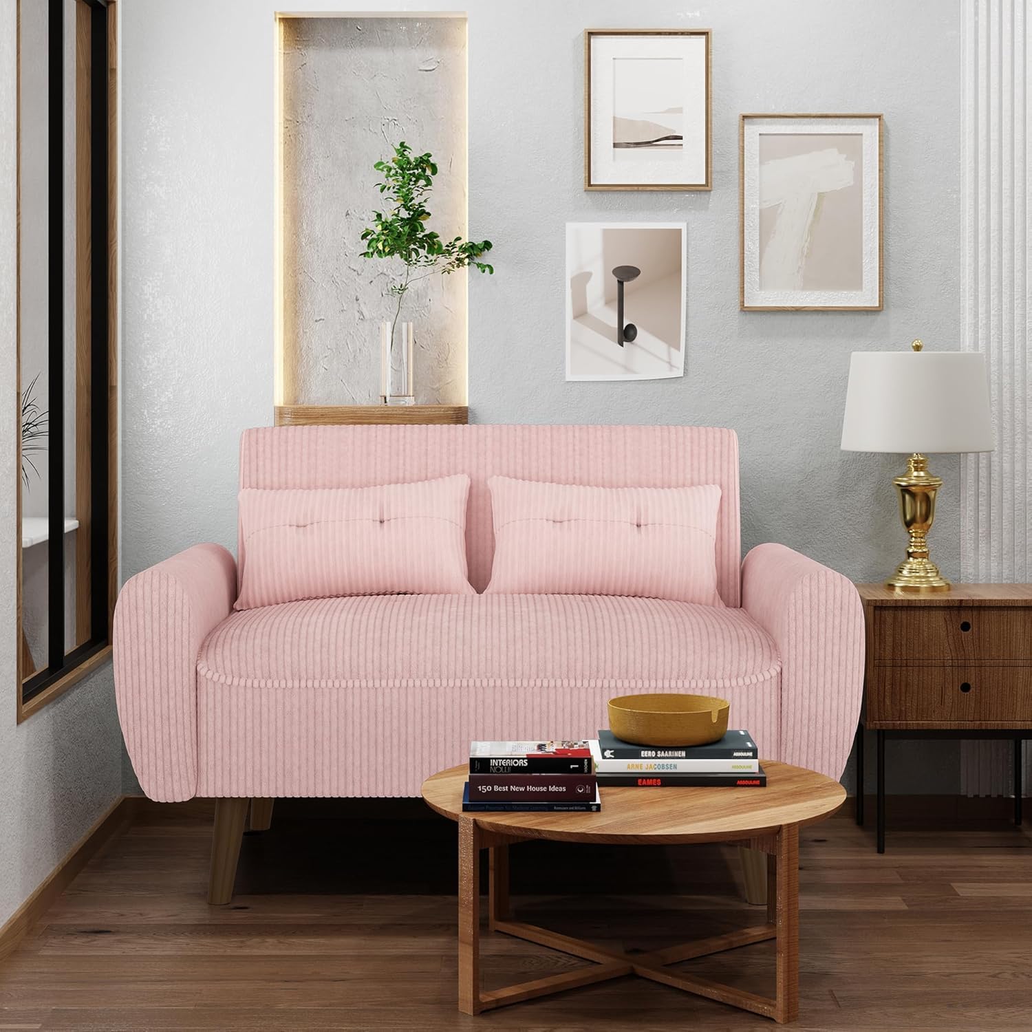 Shintenchi 48'' Loveseat Sofa, Mid-Century Modern Upholstered Couch Deep Seat with 2 Pillows, 10' Thick Cushion with Spring, Solid Wood Frame Small Couch for Living Room, Bedroom, Dorms & Office, Pink
