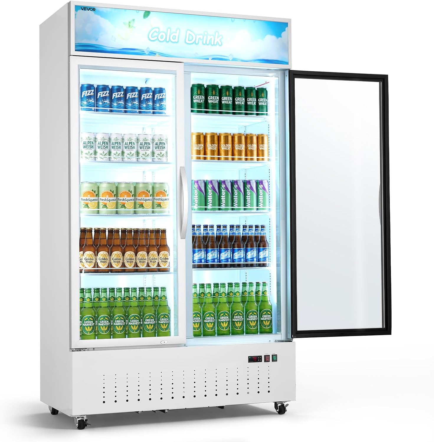 VEVOR Commercial Merchandiser Refrigerator, 35.3 Cu.Ft / 1000L Upright Beverage Cooler, 2 Glass Door Display Refrigerator with Customizable Lightbox, 8 Adjustable Shelves, Soft LED Lighting & Casters