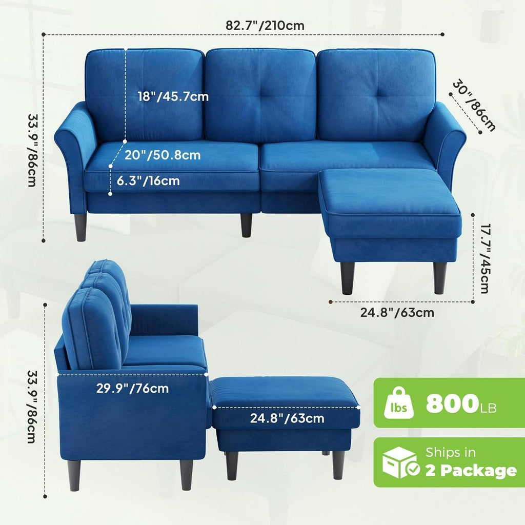 Welzona Sectional Couches for Living Room, 83' Velvet Modern 3 Seater Sofa, L Shaped Couch with Ottoman, Small Sectional Couch Sofas for Living Room, Bedroom, Apartment, Office, Blue Sofa
