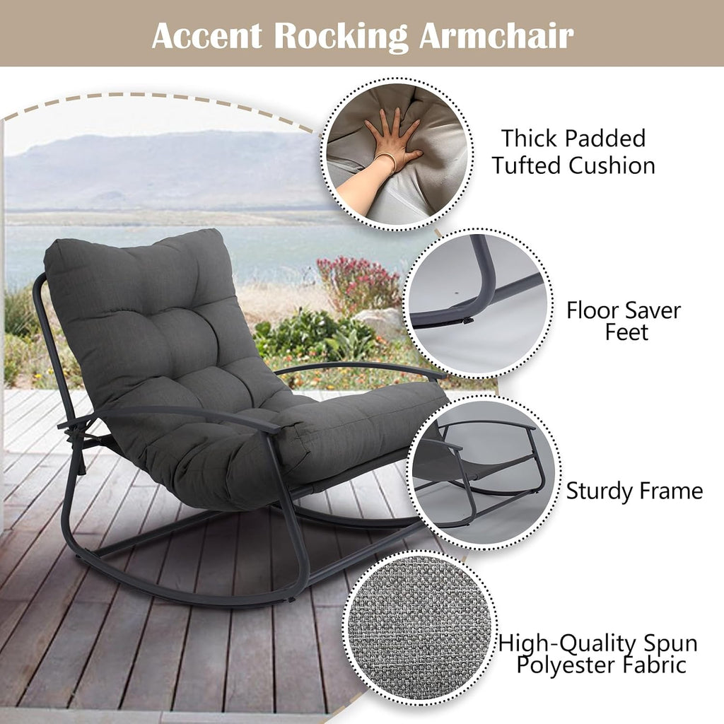 GLORY PATIO Rocking Chair for Patio and Indoor Use - Heavy-Duty Outdoor Rocking Chair with Thick Cushion, 40° Ergonomic Sway, Modern Metal Rocker for Garden, Porch, Living Room (Dark Grey)