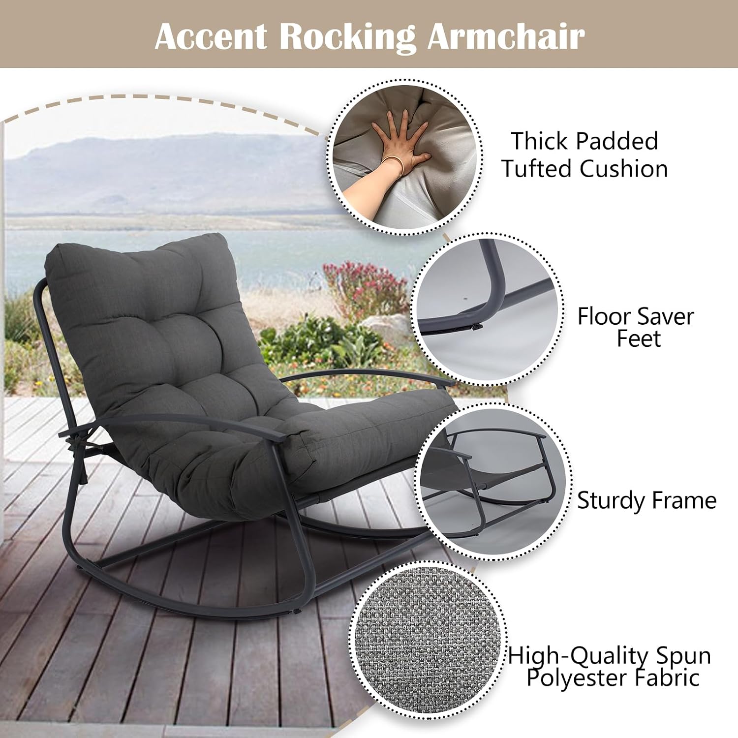 GLORY PATIO Rocking Chair for Patio and Indoor Use - Heavy-Duty Outdoor Rocking Chair with Thick Cushion, 40° Ergonomic Sway, Modern Metal Rocker for Garden, Porch, Living Room (Dark Grey)