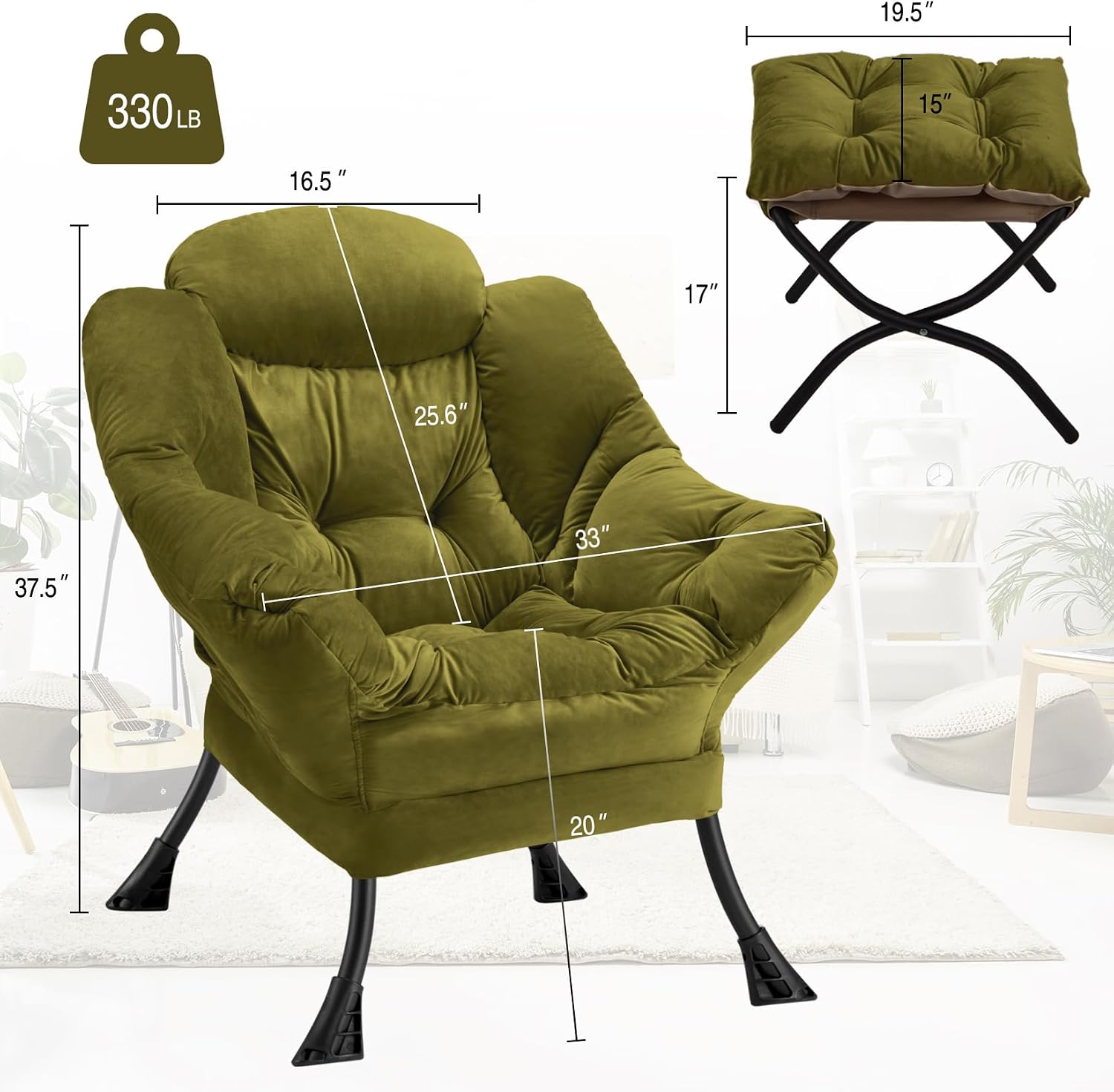 Lazy Chair with Folding Ottoman Modern Large Accent Chair,Contemporary Lounge Leisure Sofa Chair with Armrests Upholstered Sofa Armchair Reading Chair for Bedroom,Dorm & Office(Green-f)