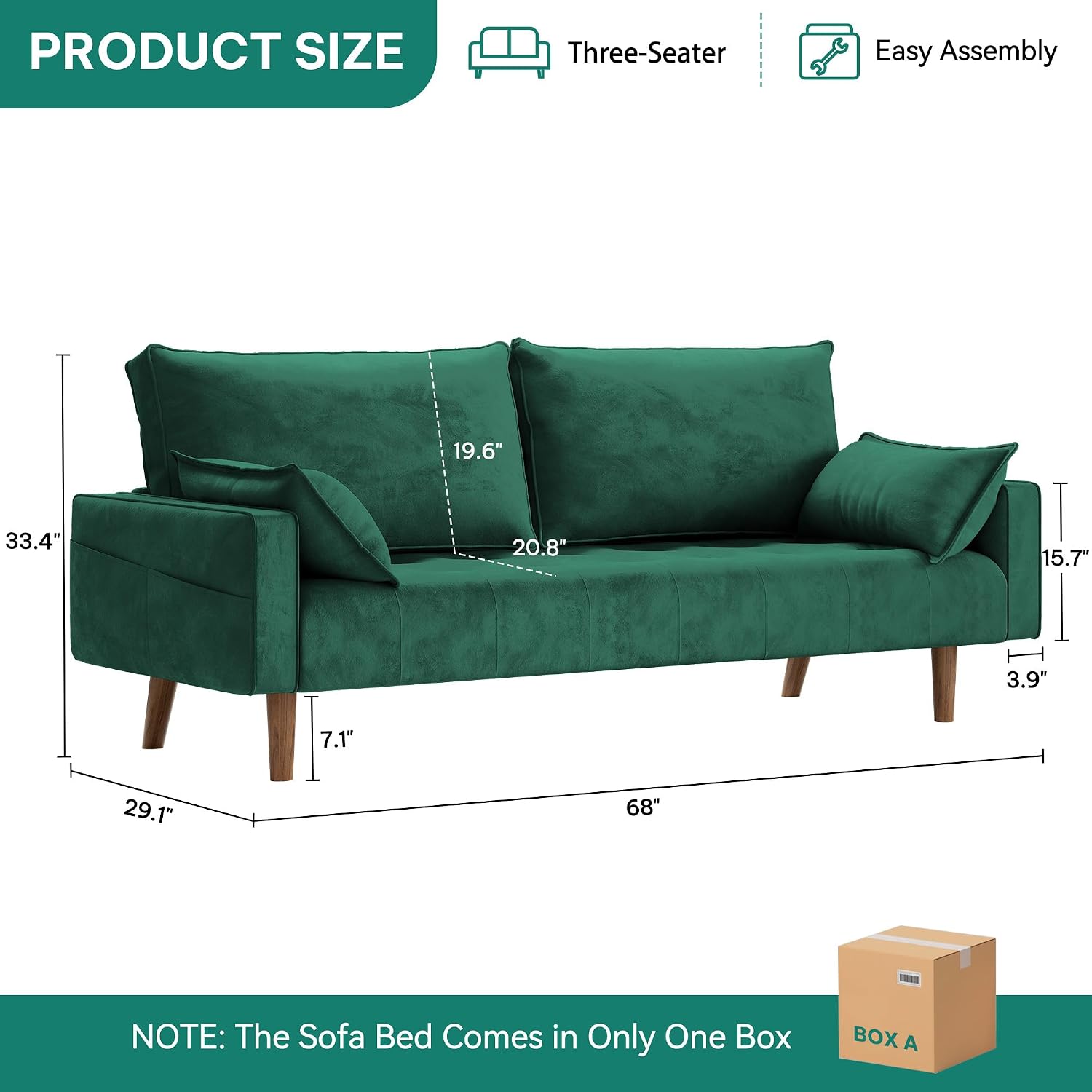 DWVO 68' Loveseat Sofa, Velvet Fabric Sofa Couch for Small Space, Modern Loveseat with Button Tufted Seat and Side Storage Pockect, 3 Seater Couch for Living Room Bedroom, 2 Pillows Included, Green