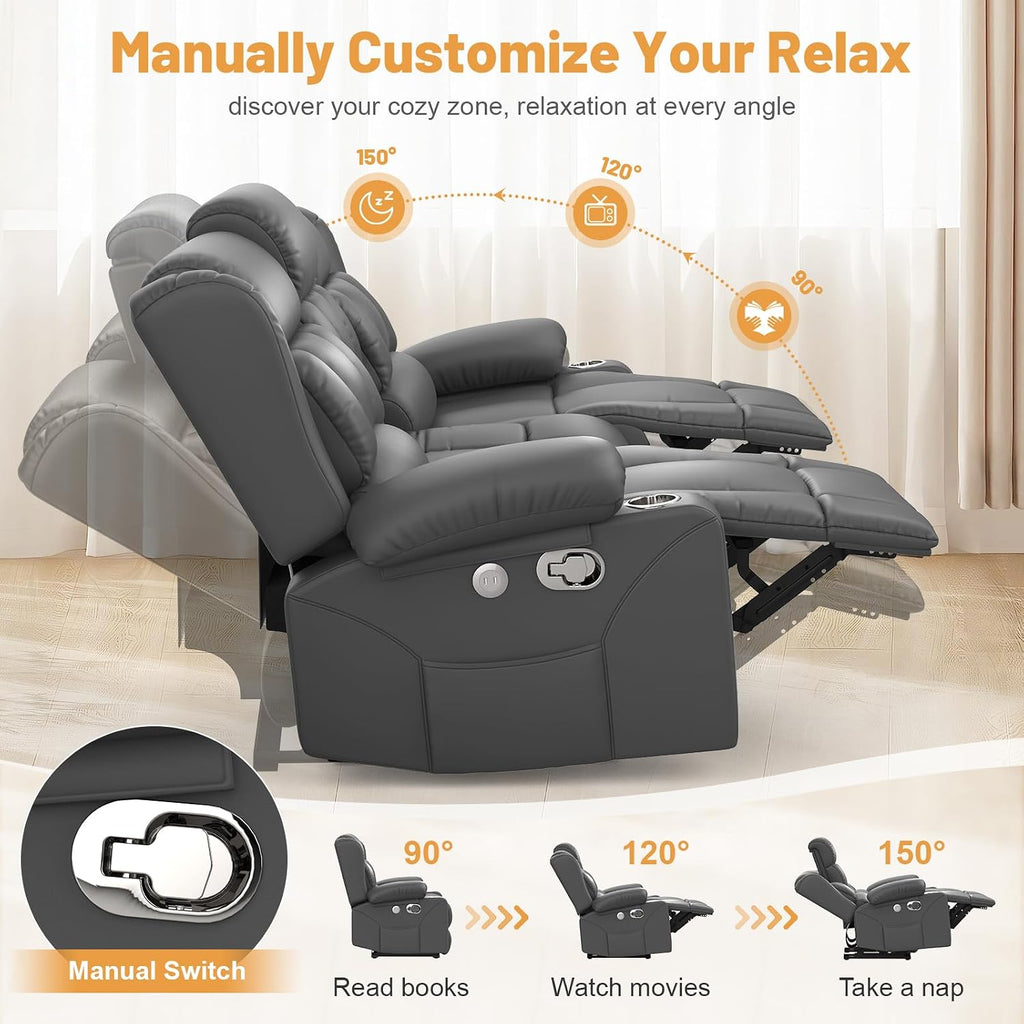 Dresegmt Loveseat Recliner Sofa, Flip Middle Backrest Design PU Leather 3 Seat Reclining Sofa with Storage Drawer, Manual Couch for Living Room/RV (Gray, PU)