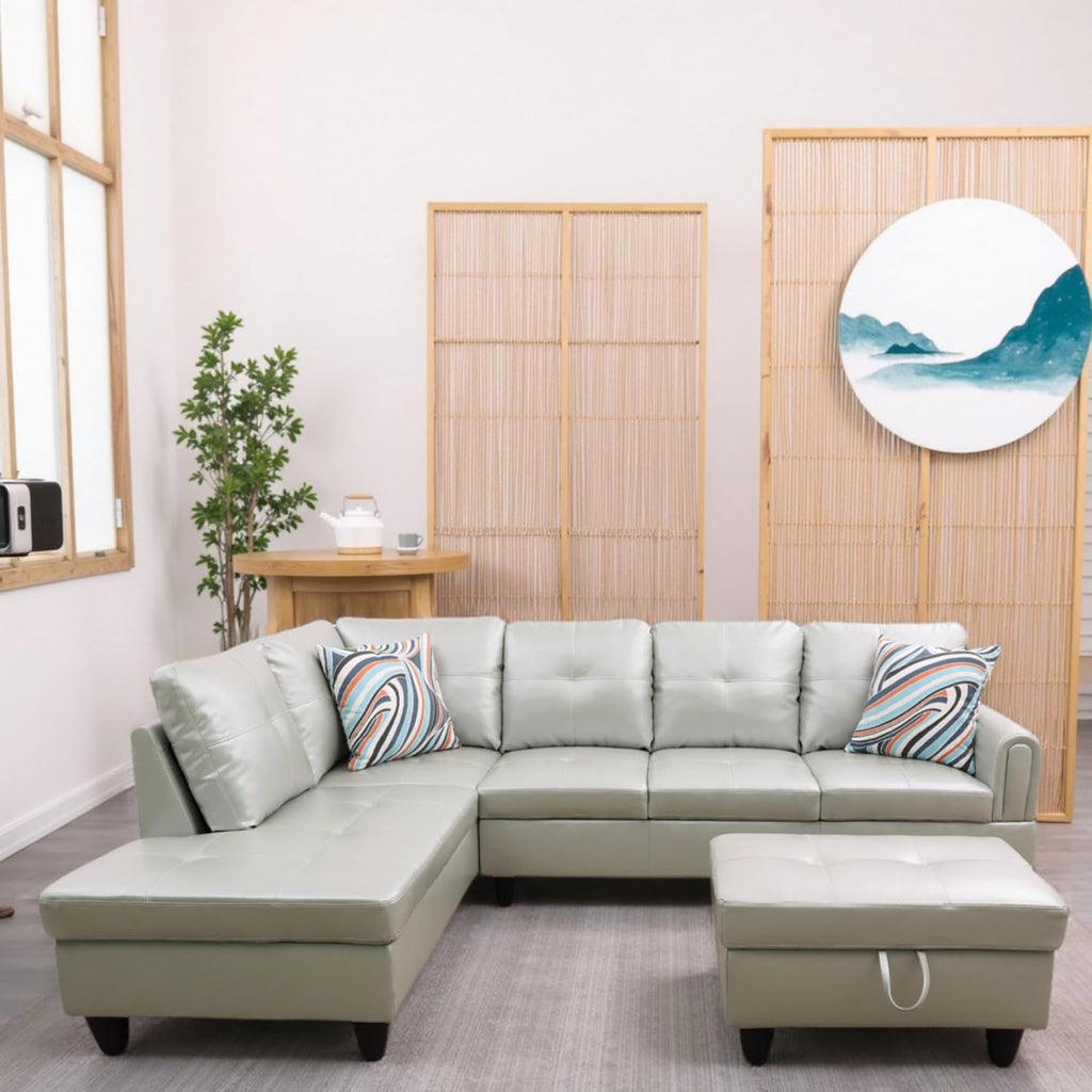 L Shaped Couch Sectional Couches with Chaise and Storage Ottoman, 3 Pieces Modular Convertible Sofa for Living Room Furniture Sets and Small Apartment Faux Leather, Silver Green