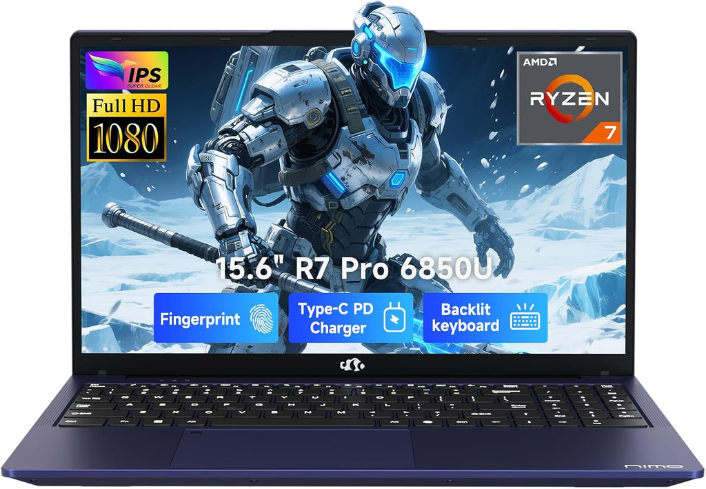 NIMO 15.6' Light-Gaming-Laptop, 8 Cores AMD Ryzen 7 Pro 6850U 32GB LPDDR5 RAM 2TB SSD (Beat i7-1360P Up to 4.7GHz) AMD Radeon 680M GPU IPS FHD Computer with 100W Type-C Fingerprint Backlit Keyboard