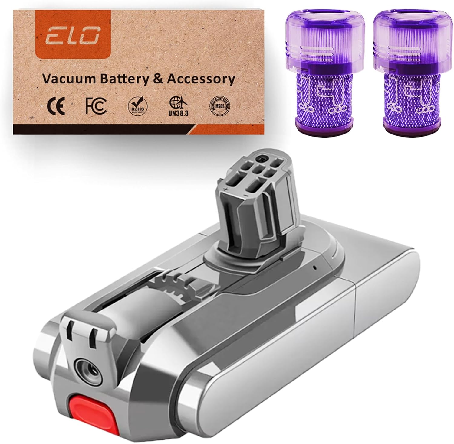 ELO Dyson V12 Replacement Battery and Filter 3000mAh Click-in for Detect Slim, Absolute, Fluffy, SV30, SV46, 25.2V, Part 965470-01, 60min ECO Runtime, BMS Protection, Does Not Fit SV12 or V10