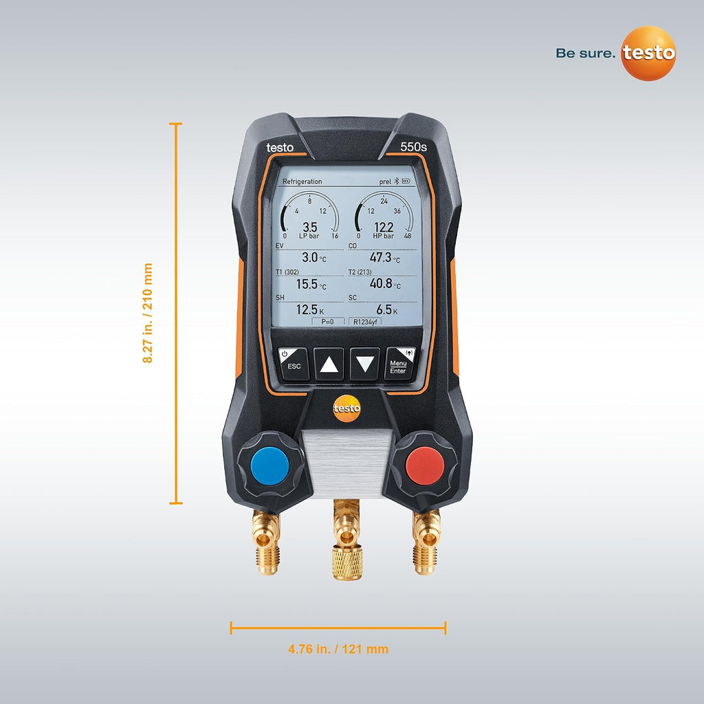 testo 550s AC Manifold Gauge Set – Manifold Gauges Hvac and Refrigeration – Incl. 2x testo 115i Pipe Clamp Thermometer, 1x testo 552i Micron Gauge Hvac - AC Recharge Kit with Bluetooth