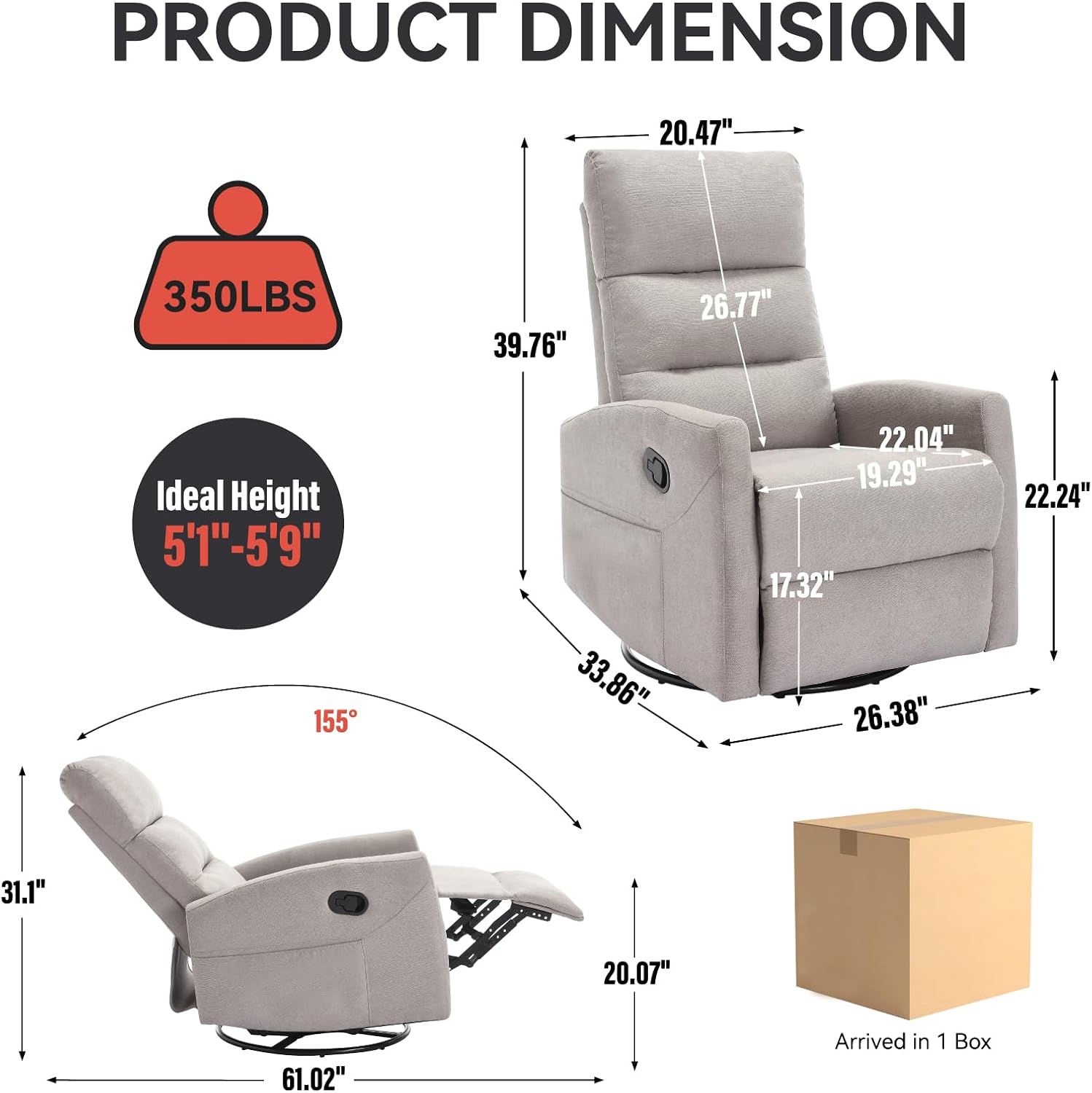 PELUMY Manual Recliner Chair, 360° Swivel Glider and Rocker Recliner with 155° Recline, Compact Fabric Recliner for Small Space, Nursery, Living Room, Bedroom, No Tools Assembly (Light Grey)