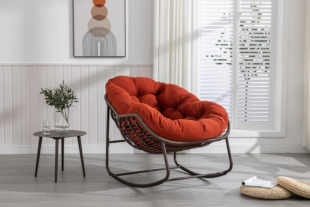 Outside Rattan Rocking Chair with Wicker Cushion, Oversized Lounge Papasan Chair, Outdoor Camping Chairs Patio Furniture for Garden, Balcony, Front Porch & Living Room, Orange
