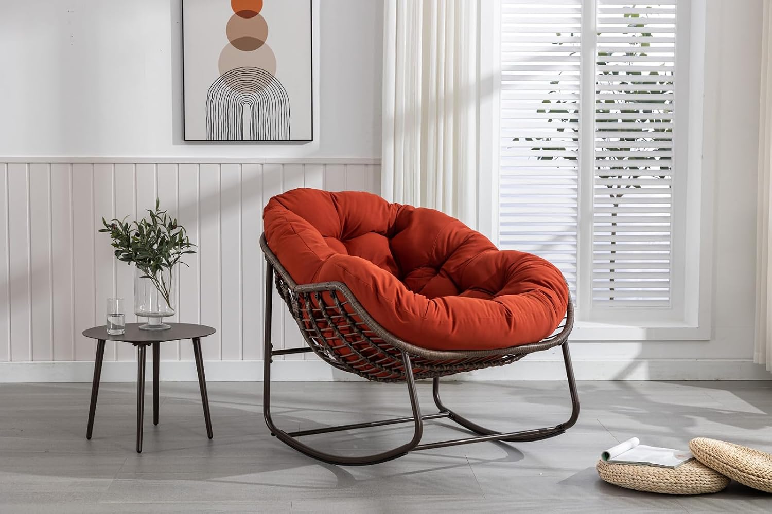 Outside Rattan Rocking Chair with Wicker Cushion, Oversized Lounge Papasan Chair, Outdoor Camping Chairs Patio Furniture for Garden, Balcony, Front Porch & Living Room, Orange