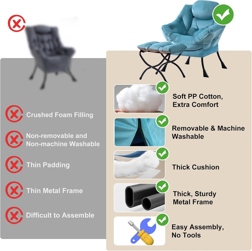 Furlide Lazy Chair with Ottoman, Modern Accent Chairs with Folding Footrest, Velvet Light Blue Sofa Chair Set, Reading Chairs, Oversized Armchairs for Bedroom, Study, Living Room, Courtyard