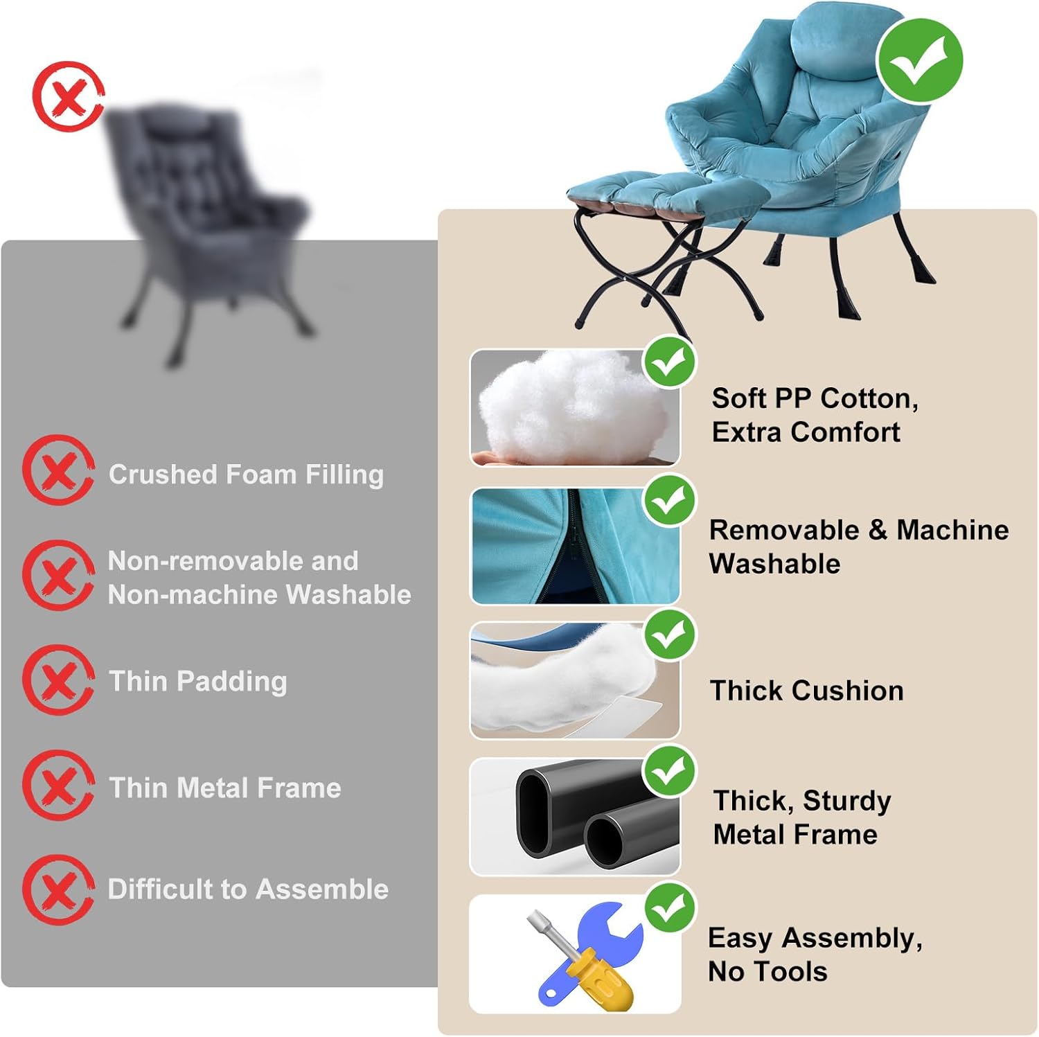 Furlide Lazy Chair with Ottoman, Modern Accent Chairs with Folding Footrest, Velvet Light Blue Sofa Chair Set, Reading Chairs, Oversized Armchairs for Bedroom, Study, Living Room, Courtyard