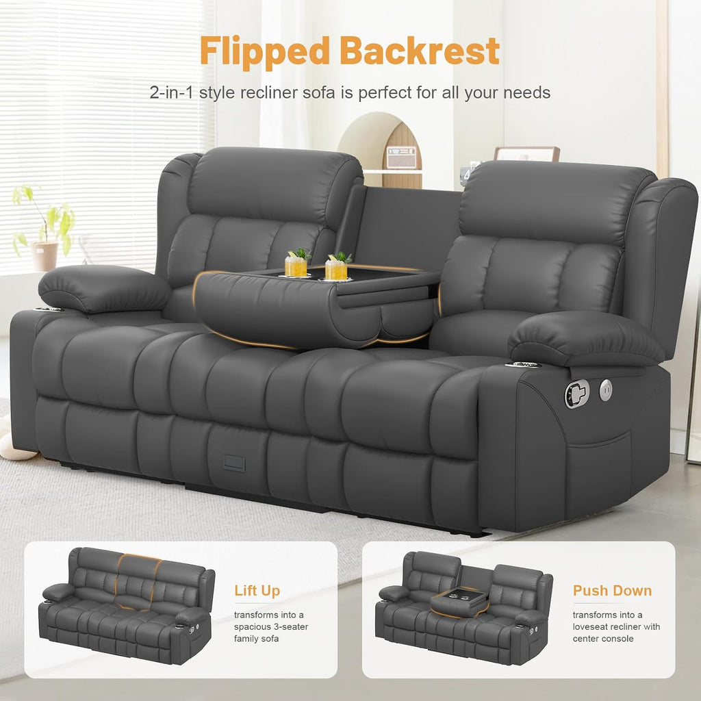 Dresegmt Loveseat Recliner Sofa, Flip Middle Backrest Design PU Leather 3 Seat Reclining Sofa with Storage Drawer, Manual Couch for Living Room/RV (Gray, PU)
