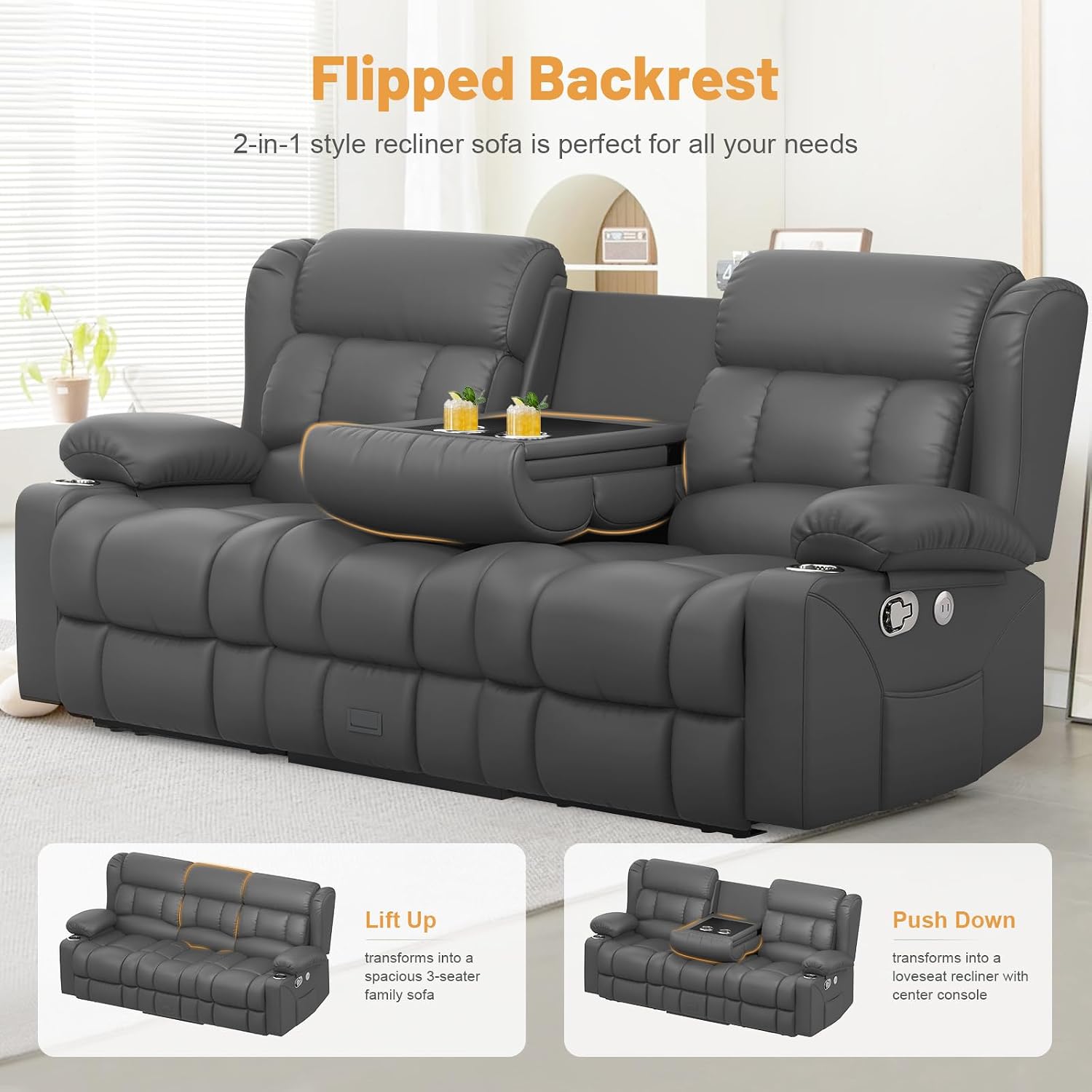 Dresegmt Loveseat Recliner Sofa, Flip Middle Backrest Design PU Leather 3 Seat Reclining Sofa with Storage Drawer, Manual Couch for Living Room/RV (Gray, PU)