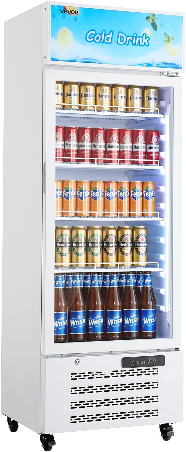 VEVOR Commercial Merchandiser Refrigerator, 9.6 Cu.Ft / 273 L Glass Door Display Refrigerator, Upright Beverage Cooler with Customizable Lightbox, 4 Adjustable Shelves & Soft LED Light for Homes Shops