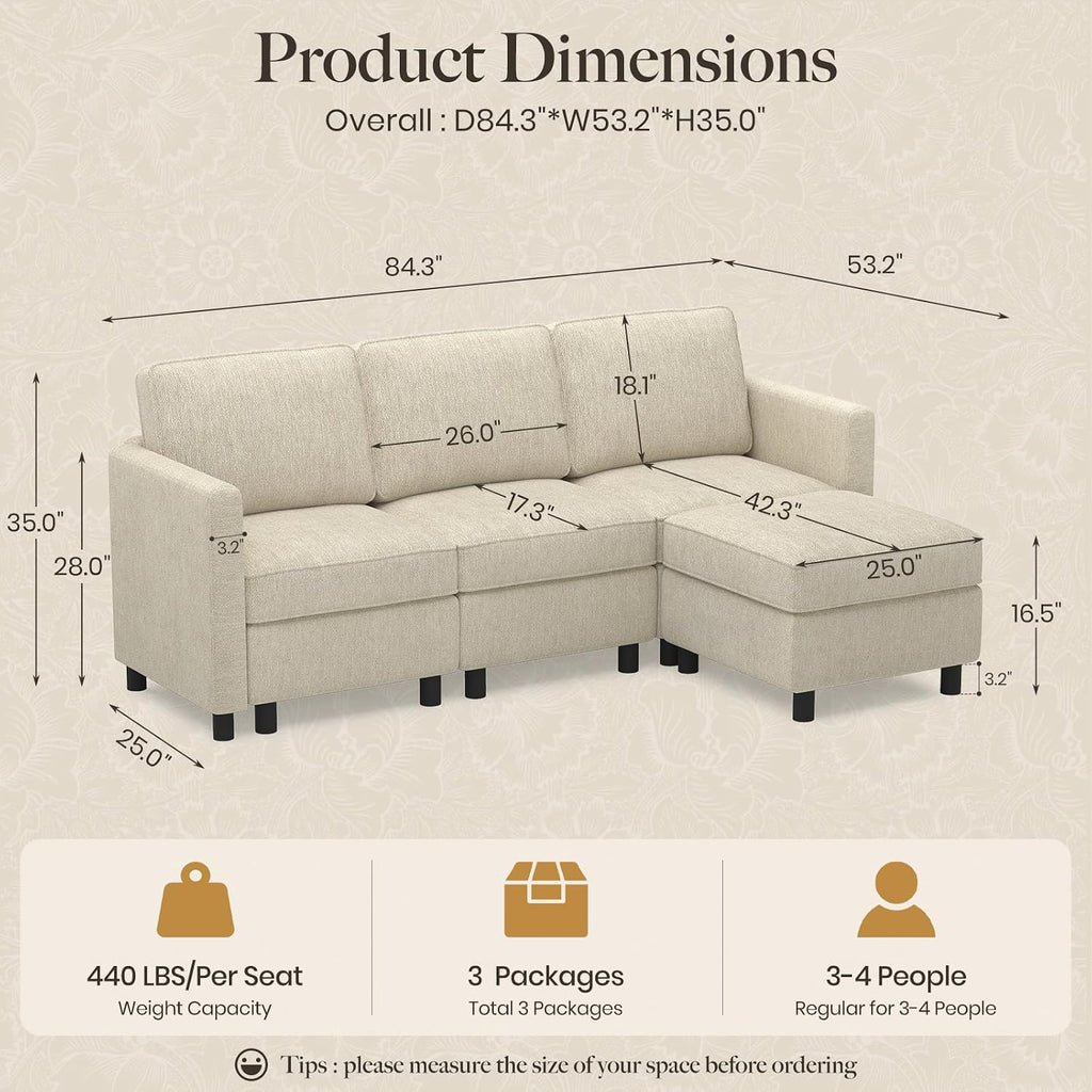 Belffin 84.3' 4 Seats L Shaped Couch Modular Sectional Sofa Washable Sectional Couches for Living Room Comfy Couches with Storage Seat Couch Sofas with Chaise,Beige