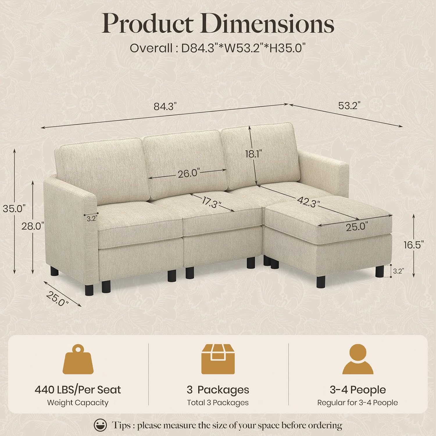 Belffin 84.3' 4 Seats L Shaped Couch Modular Sectional Sofa Washable Sectional Couches for Living Room Comfy Couches with Storage Seat Couch Sofas with Chaise,Beige