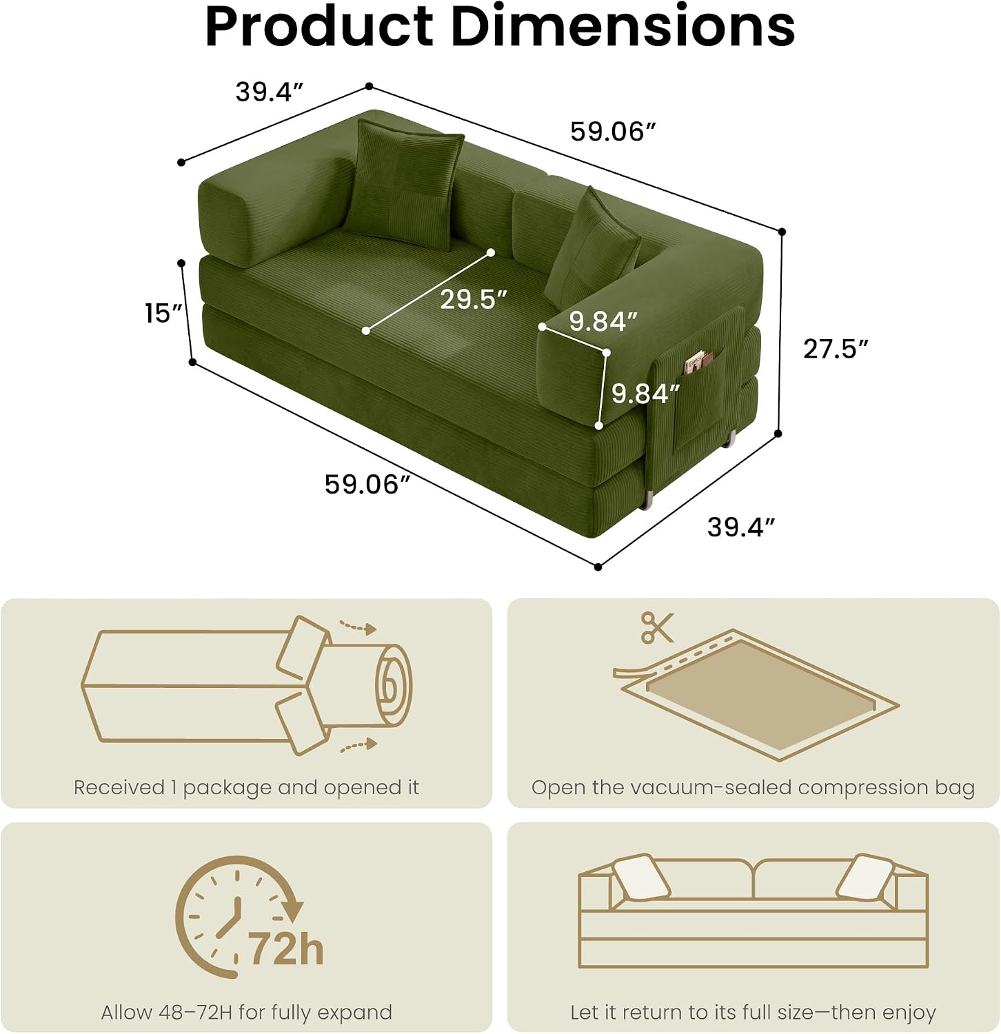 Convertible Floor Sofa Bed | 59'' Folding Futon Sofa with Storage Pocket, Oversized Corduroy Loveseat Sleeper Sofa with Pull Out Bed, Modular Sectional Sofa for Apartment | Green
