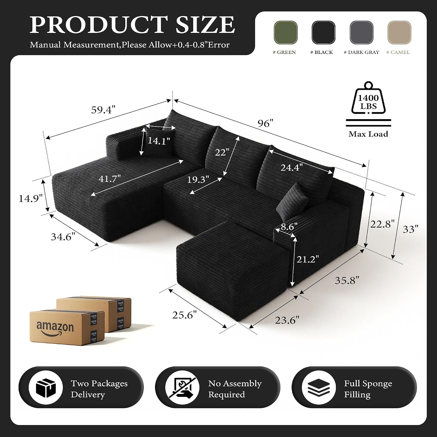 96''Sectional Couches for Living Room,Modern Modular Sectional Sofa,Upholstered Boneless Couch Comfy Cloud Couch with L Shaped Chaise (Black, Upgrade-96''W Left Facing Chaise+Ottoman)