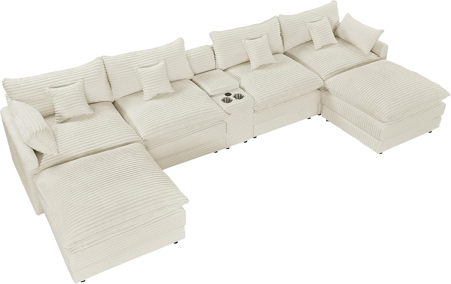 145'' U-Shaped Cloud Sofa, Beige Modular Sofa Suitable for Living Rooms Extra Large Comfortable and Fluffy Corduroy Sofa and Features USB Ports and Storage Ideal for Pet-Owning Families with Children