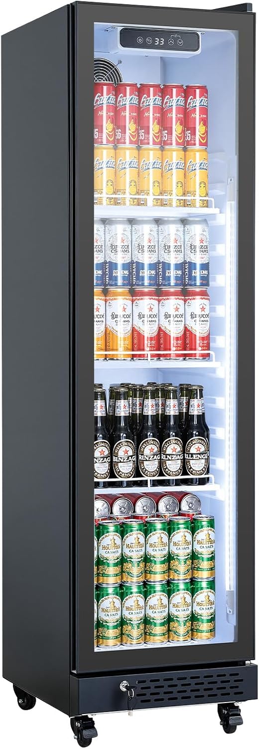 VEVOR Commercial Merchandiser Refrigerator, 6.9 Cu.Ft / 195L Glass Door Display Refrigerator, Upright Beverage Cooler Fridge with 4 Adjustable Shelves, Soft LED Light & Casters for Homes Shops Bars