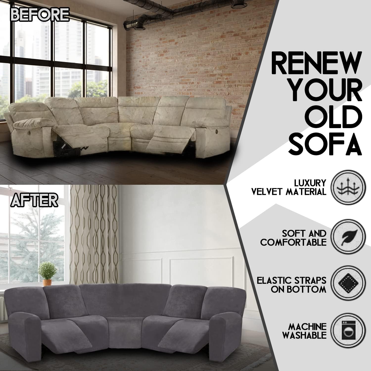 ULTICOR 7-Piece Sectional Sofa Covers, Velvet Stretch Reclining Couch Covers for Reclining L Shape Sofa, Thick, Soft, Washable (Dark Grey, 5 Seat Recliner Cover)