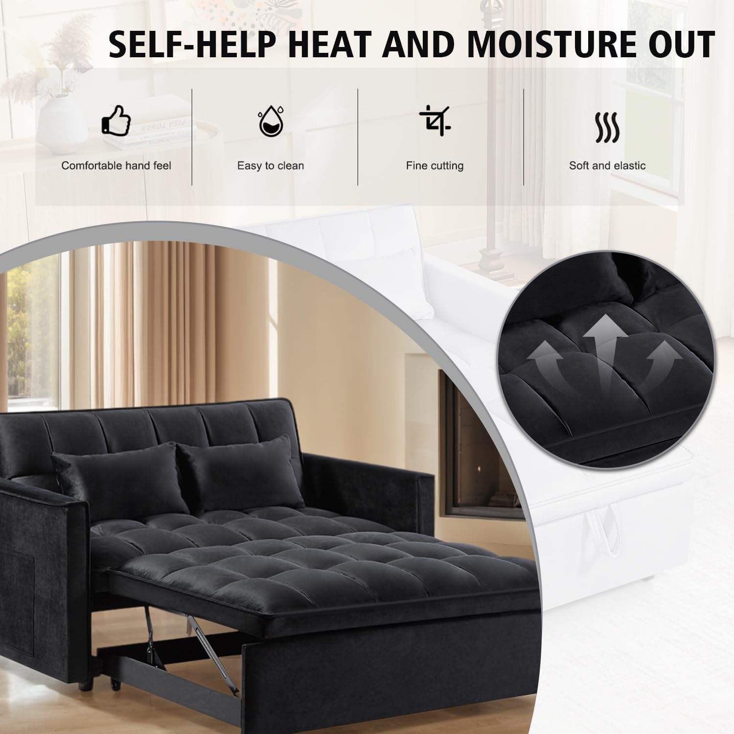 3 in 1 Convertible Sleeper Sofa Bed, 54'' Full Size Velvet Pull Out Futon Couch Recliner with Reclining Backrest & 2 Pillows, Small Loveseat Lounge Couches for Small Spaces (Black)