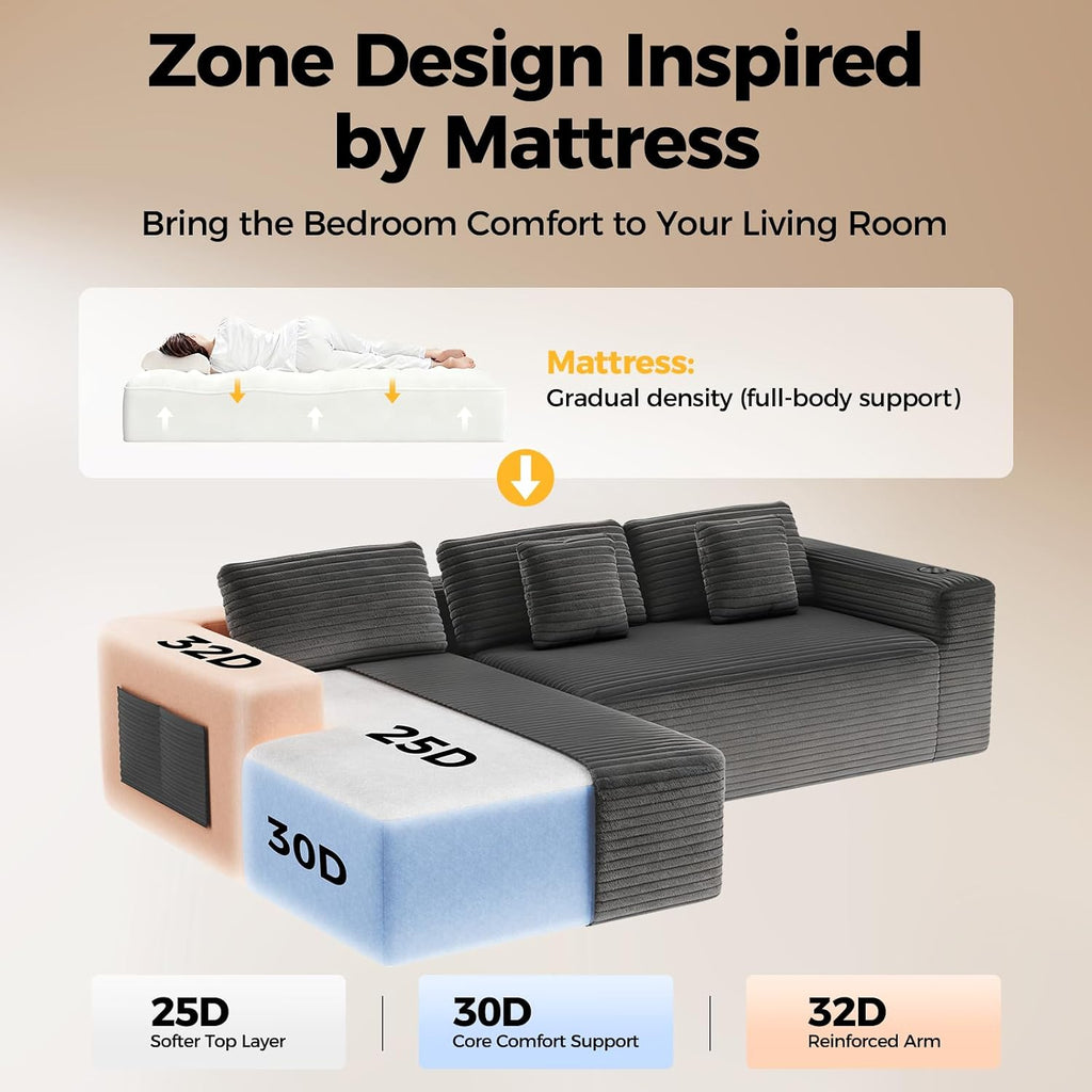 CAMMOO 108' Cloud Sectional Couch in One Box, Compressed Modular Sectional Sofa with Deep Seat, Corduroy Boneless Couches, L-Shaped Sofa for Living Room, 4 Storage Pockets(Left Facing Chaise, Grey)