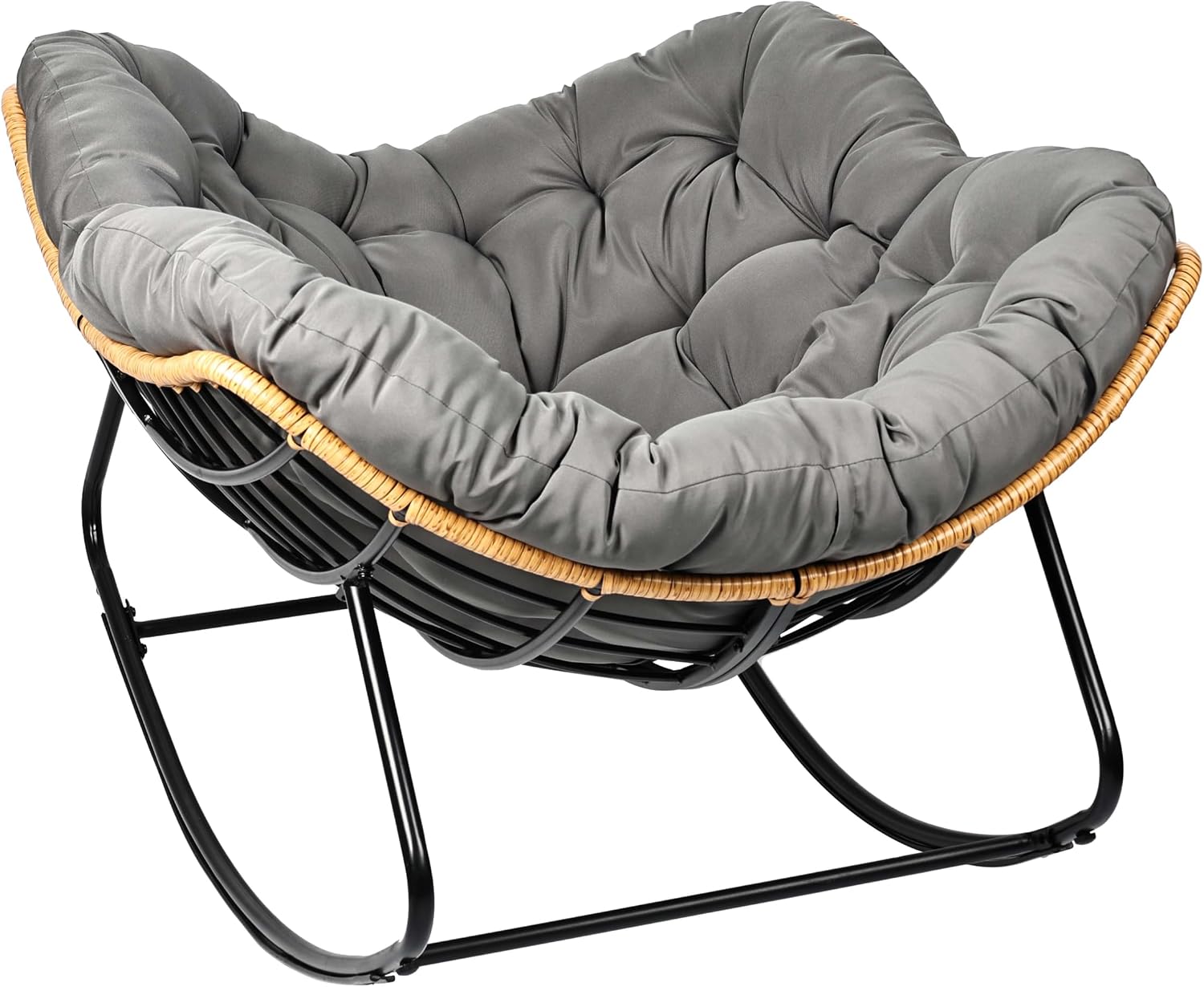 Egg-Shaped Outdoor Rocking Chair, Patio Rocking Chair with Thick Cushion, Modern Indoor Papasan Rocking Chair, Lounge Rocker for Balcony, Living Room, Bedroom, Porch, Lawn, Garden (Dark Grey)