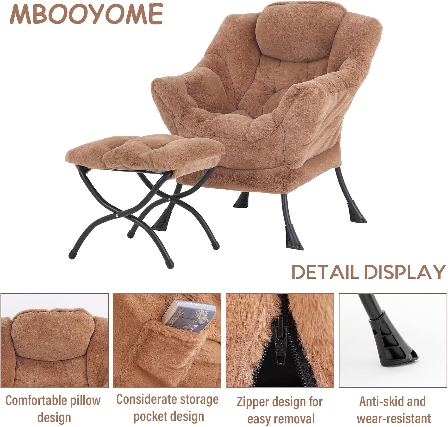 MBOOYOME Lazy Chair with Ottoman, Modern Accent Lounge Armchair with Side Pocket & Foldable Footstool, Leisure Reading Chair for Living Room, Bedroom, Dorm & Office, Plush Brown