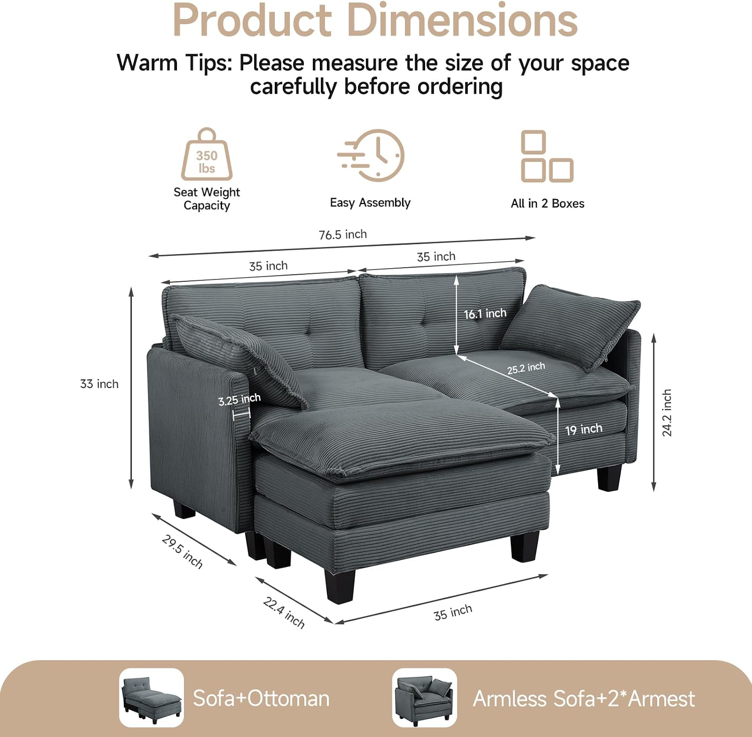 Amsleekey Modular Sectional Sofa, 76.5' L-Shaped Corduroy Comfy Sectional Couches for Living Room, 2-Seater Cloud Couches with 1 Movable Ottoman, Flexible Combination Modern Deep Seat Sofa (Grey)