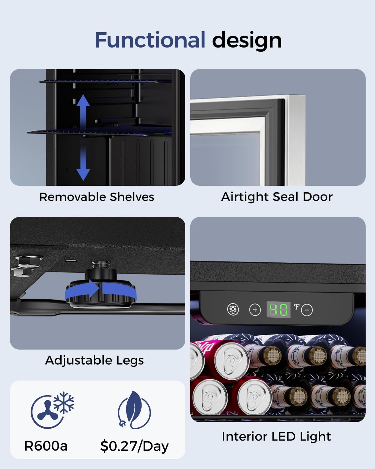 Feelfunn 1.7 Cu.Ft Beverage Refrigerator Cooler - 68 Can Mini Fridge Glass Door for Drink Soda Beer Wine - Small Refrigerator for Bedroom Office Home Dorm Bar, Silver