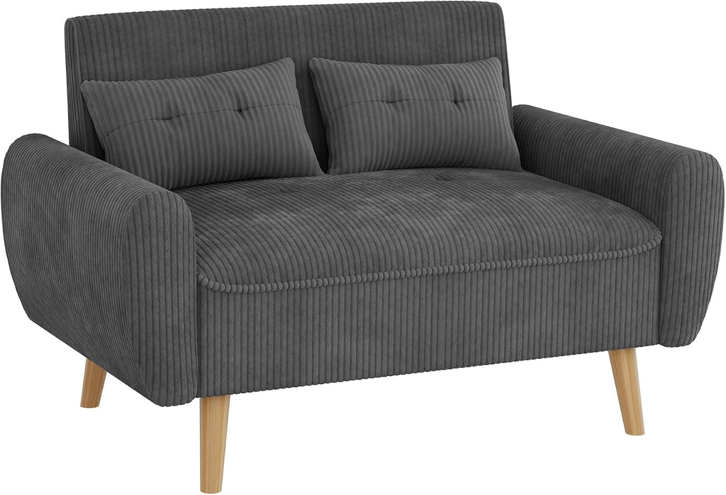 Shintenchi 48'' Loveseat Sofa, Mid-Century Modern Upholstered Couch Deep Seat with 2 Pillows, 10' Thick Cushion with Spring, Solid Wood Frame Small Couch for Living Room, Dorms & Office, Dark Grey