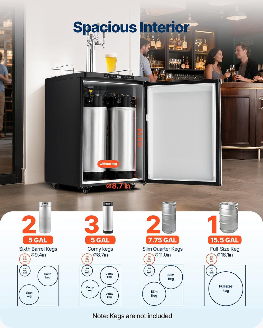 VEVOR Beer Kegerator, Triple Tap Commercial Draft Beer Dispenser for D system, Full Size Keg Refrigerator with 5lbs CO2 Tank, Hold 3 Sixth/2 Slim/3 Ball lock keg (3 taps - ball lock)