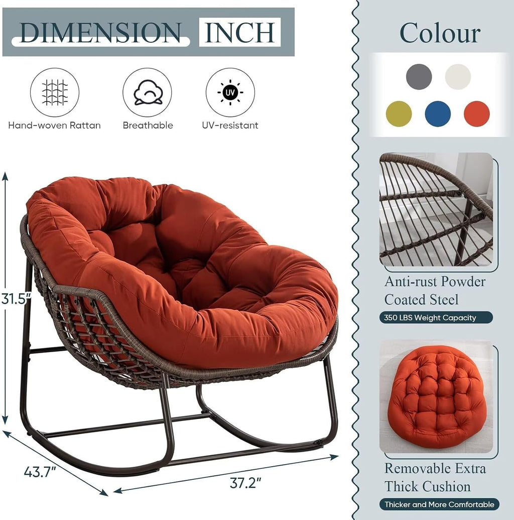 Outdoor Papasan Rocking Chair, Patio Oversized Wicker Egg Rocking Chair, Indoor & Outdoor Comfy Rocker Chair with Thick Cushion, Modern Lounge Chair for Front Porch, Garden, Backyard, Orange