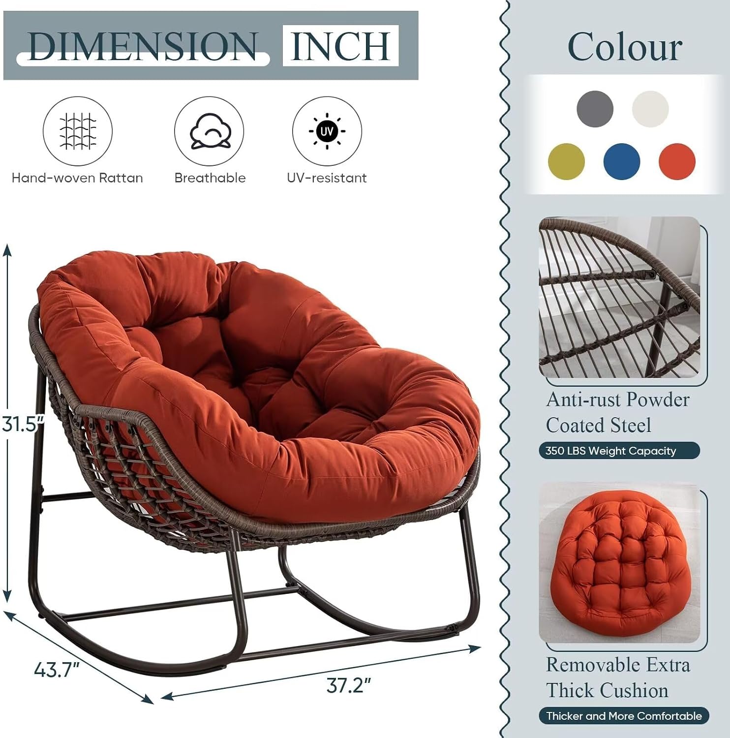 Outdoor Papasan Rocking Chair, Patio Oversized Wicker Egg Rocking Chair, Indoor & Outdoor Comfy Rocker Chair with Thick Cushion, Modern Lounge Chair for Front Porch, Garden, Backyard, Orange